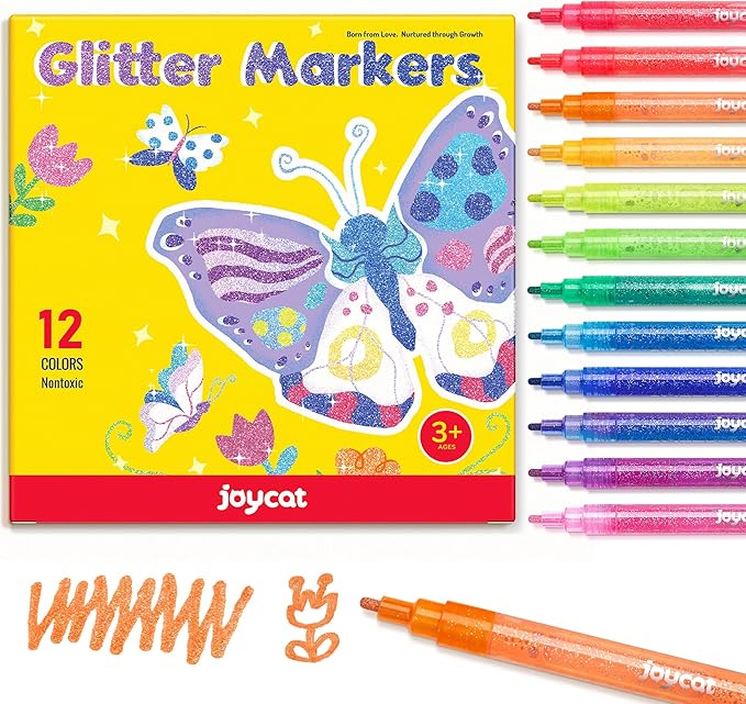 JoyCat 12-Color Glitter Markers for Kids, 3mm Paint Pens, High-Capacity Ink | Sparkle markers and glitter pens with 3ml ink and 3mm tips create shimmering art on paper, rocks, wood and glass for kids.