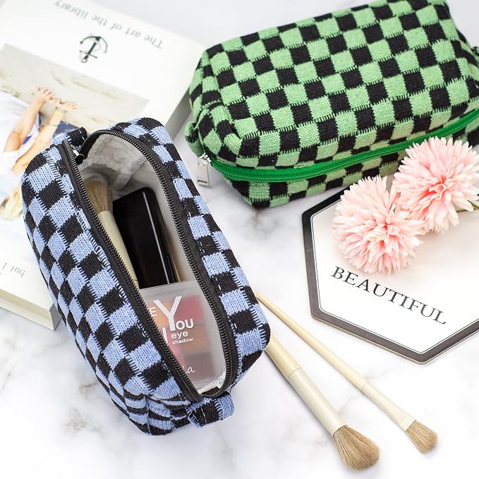 Checkered Makeup Bag for Purse, Small Cosmetic Pouch,Green Blue,2 Pack | Cute Zipper Makeup Organizer for Women, Travel Essentials, Toiletries, Makeup Brushes, Beauty Accessories&Bridesmaid Gifts