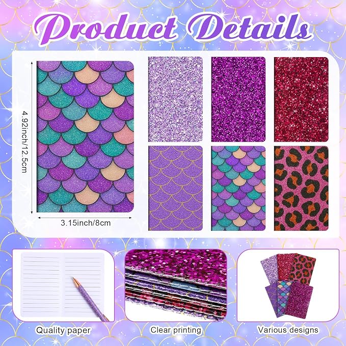 12 Set Cute Mini Notebook and Fancy Pen Gift Set for Women 6 Mini Glitter Pocket Notepad 6 Cute Sparkly Glitter Pen for Girl Office First Day of School Mother's Day Christmas Graduation(Purple)