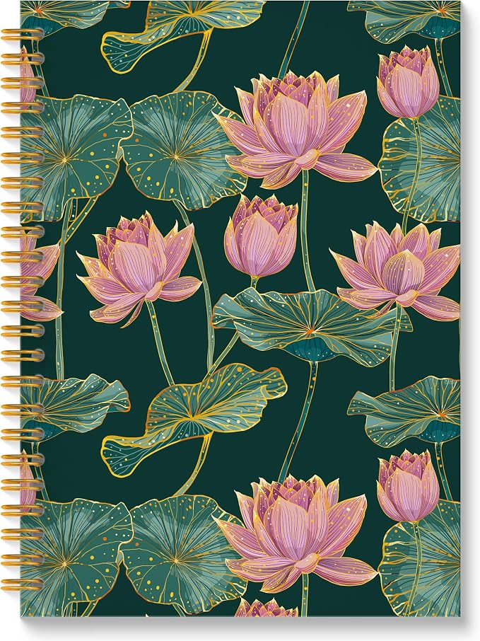 Pink Lotus Flower Spiral Notebook, Dark Green and Gold Lotus Leaves Floral Journal, Vintage Luxury Water Lily Nature Botanical Hardcover Notebook Journal, 5.5x8.3 Inch