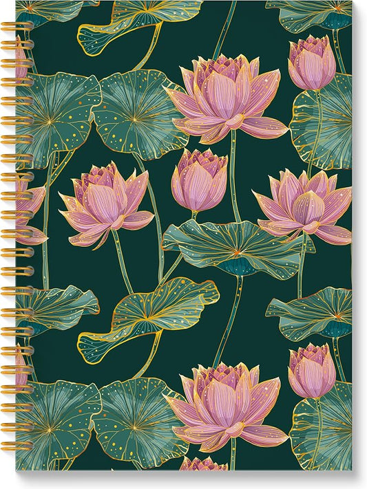 Pink Lotus Flower Spiral Notebook, Dark Green and Gold Lotus Leaves Floral Journal, Vintage Luxury Water Lily Nature Botanical Hardcover Notebook Journal, 5.5x8.3 Inch