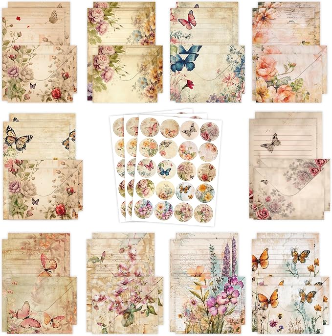 Stationery Paper Envelopes Set 160 Pcs - 50 Lined Writing Paper, 50 Envelopes, 60 Dot Stickers, Vintage/Floral/Leaf/Watercolor Multi-Style Options (STATIONERY-160PCS-VINTAGE)