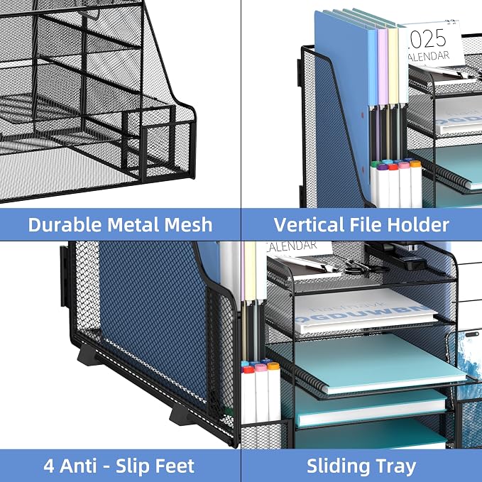 5-Tier Desk Organizer with Paper Trays, File Holders and Pen Holders, Black | Paper Organizer for Desk with 4 Sliding Paper Trays, Side File Holders and Pen Holders for Files, Books and Supplies