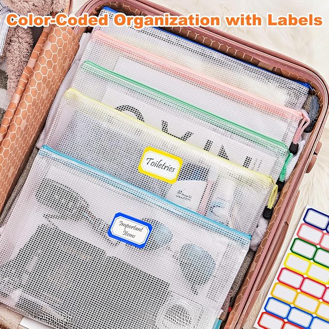 Mesh Zipper Pouch Bags: Clear Zipper Pouches for Classroom, Plastic Mesh Bag Letter Size Document Pouch, A4 Waterproof Organizing Pouch for School and Office Supplies (13.5 x 9.5Inch, 6PCS, 6 Color)