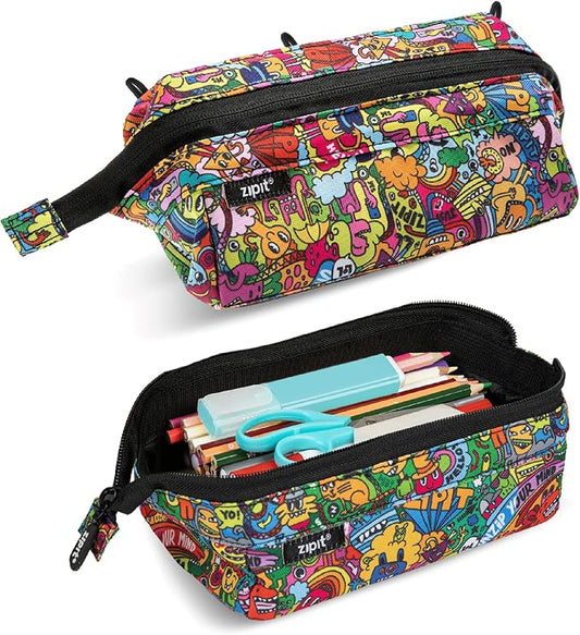 ZIPIT: Lenny Pencil Case - Doodles - Large Storage Capacity Zipper Pouch, Makeup-Stationery Bag, School-Travel, Washable Polyester, Kids-Teens-Adults