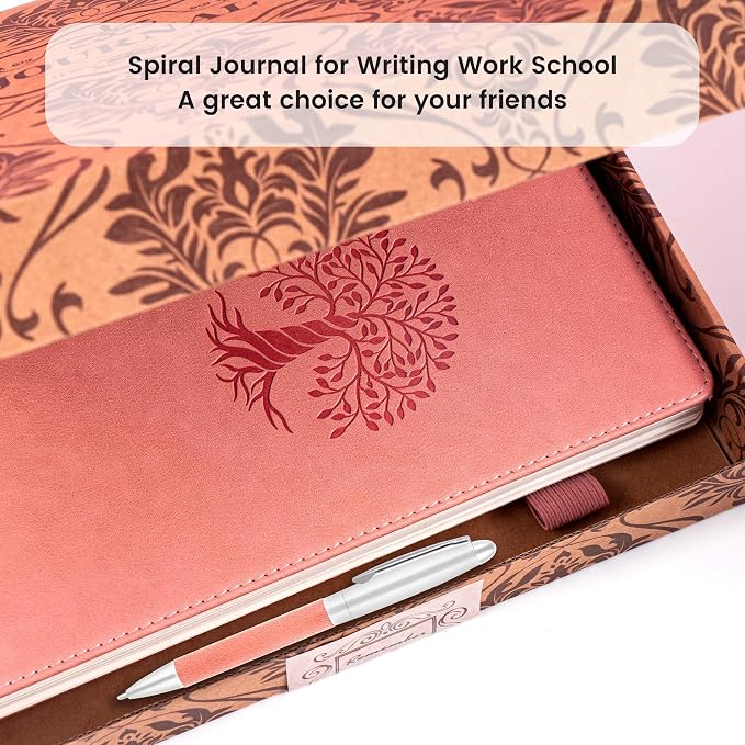 Spiral Notebook Wide Ruled Leather Journal for Women, 300 Pages, 7X10,Pink | Large Notebooks for School Office, Note Taking Notebooks for Writing Lined Notebook with Tabs Pockets Pen Holder