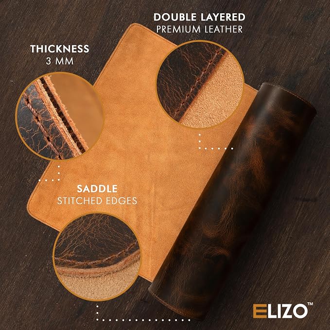 ELIZO Luxury Rollerball Pen & 2-Layer Leather Desk Mat Bundle – 24K Gold Trim Executive Pen with Schmidt Ink & Large 3mm Desk Pad Blotter for Office, Keyboard & Laptop