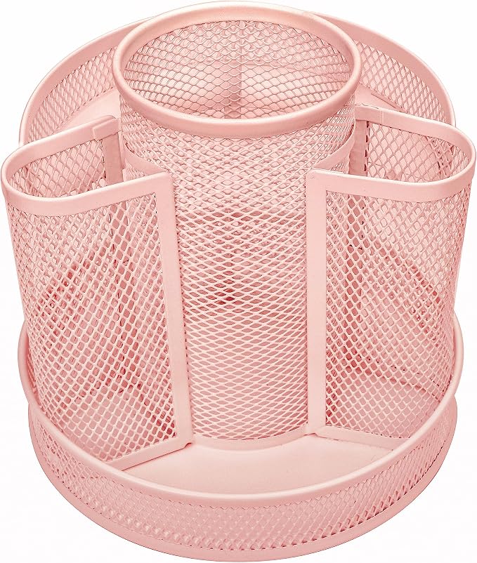 Annova Mesh Desk Organizer Rotate with 5 Compartments Round Spinning Tidy Candy/Pen Holder Desk Accessories Office, Art Supply, Storage, Classroom, Home (Light Pink)