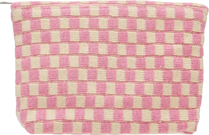 Checkered Makeup Bag for Purse, Small Flat Cosmetic Pouch,Pink Beige | Cute Zipper Makeup Organizer for Women, Travel Essentials, Toiletries, Makeup Brushes, Beauty Accessories&Bridesmaid Gifts