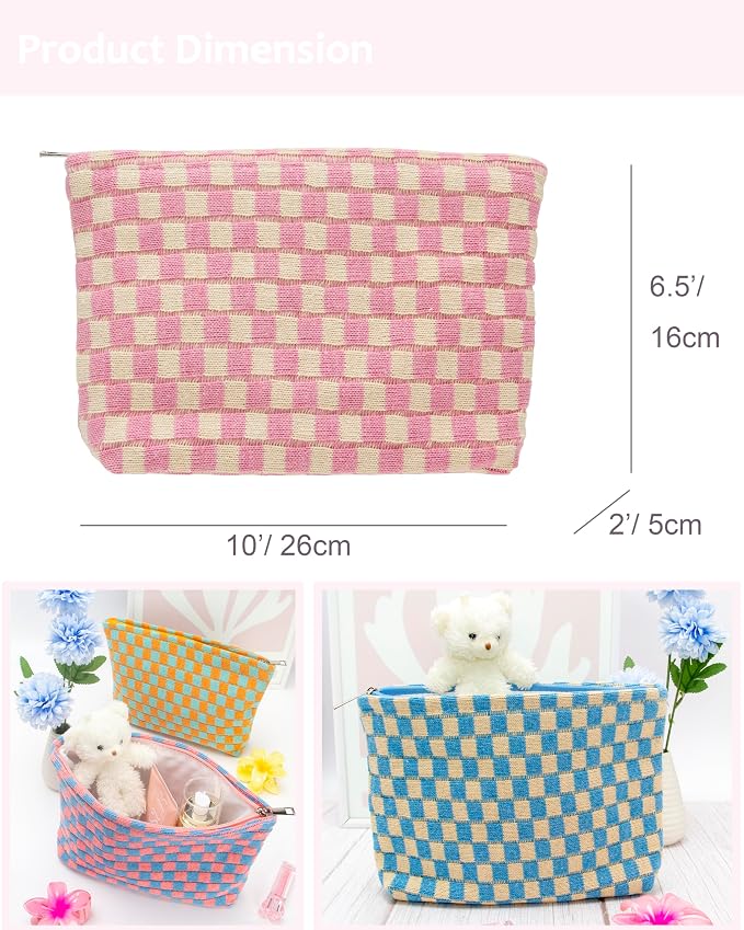 Checkered Makeup Bag for Purse, Small Flat Cosmetic Pouch,Pink Beige | Cute Zipper Makeup Organizer for Women, Travel Essentials, Toiletries, Makeup Brushes, Beauty Accessories&Bridesmaid Gifts