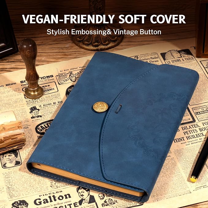 MINICAGIE Vintage Leather Journal for Women Men, Junk Journal Notebook Soft Cover, Book of Shadows Journals for Travel Diary Scrapbook Sketchbook Journaling Writing, Blue