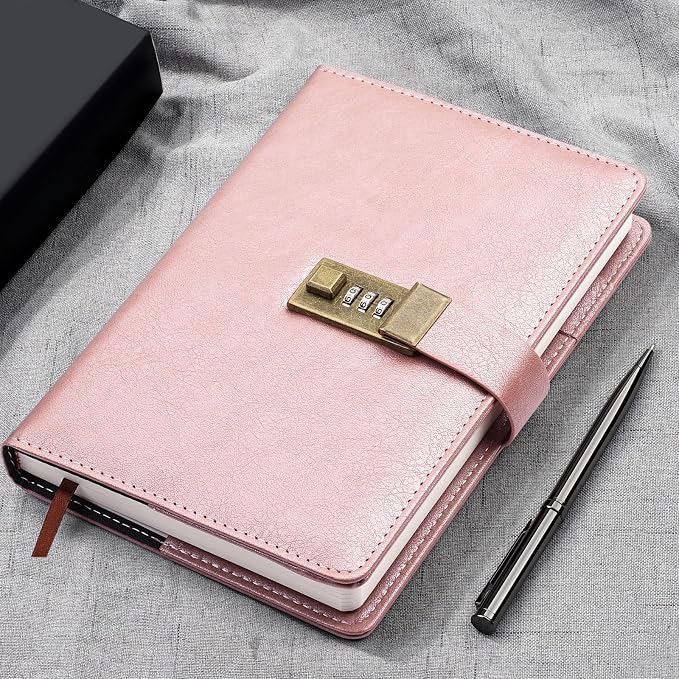 WEMATE Diary with Lock, A5 PU Leather Locked Journal 240 Pages Rose Gold | Vintage Lock Journal Notebook with Pen & Gift Box, Lock Diary Planner Organizer for Men and Women, 8.6x5.8in