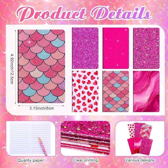 12 Set Cute Mini Notebook and Fancy Pen Gift Set for Women 6 Mini Glitter Pocket Notepad 6 Cute Sparkly Glitter Pen for Girl Office First Day of School Mother's Day Christmas Graduation(Rose Red)