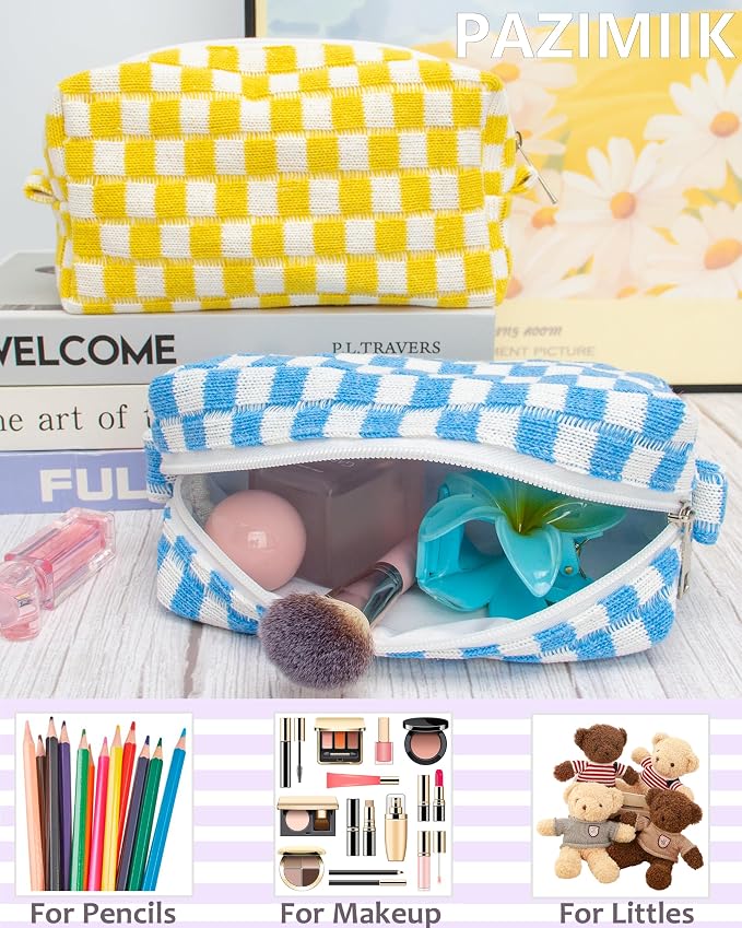 Checkered Makeup Bag for Purse, Small Travel Cosmetic Pouch,Sky Blue | Cute Zipper Makeup Organizer for Women, Travel Essentials, Toiletries, Makeup Brushes, Beauty Accessories&Bridesmaid Gifts