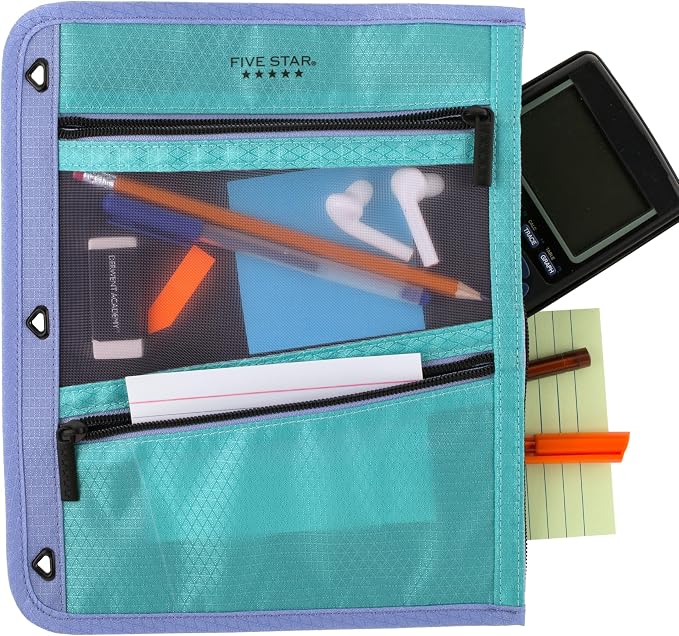 Five Star Pencil Pouch, Pen Case, 3-Pocket Zipper Pouch, Fits 3-Ring Binder, Storage Organizer for Classroom Supplies Earbuds Chargers Cables Makeup, Teal/Berry (500207F-ECM)