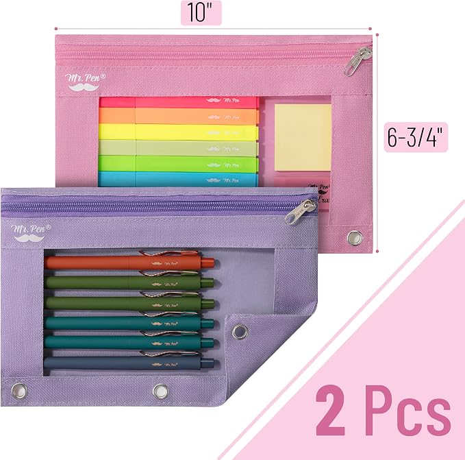 Mr. Pen- Pencil Pouch for 3 Ring Binder, 2 Pack, 10"x6.75", Smooth Zipper | Clear Window, Large Capacity Pencil Case with 3 Reinforced Grommets for School, Office, Supplies Storage | Clear Window, Large Capacity Pencil Case with 3 Reinforced Grommets f...