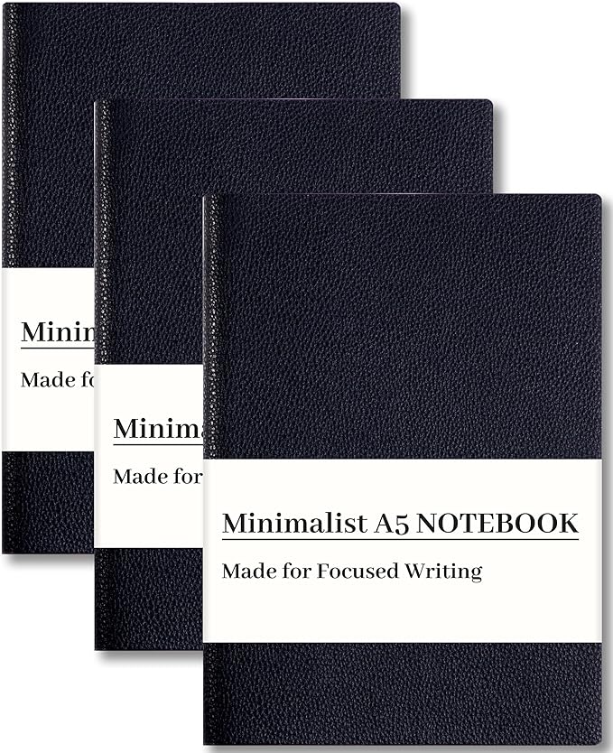 CAGIE Lined Journal Notebooks 3 Pack, 176 Pages Each, A5 Softcover, College Ruled, 100 GSM Thick Paper, for Work, Writing, School (Black, Black, Black) (5.7'' x 8.3'')