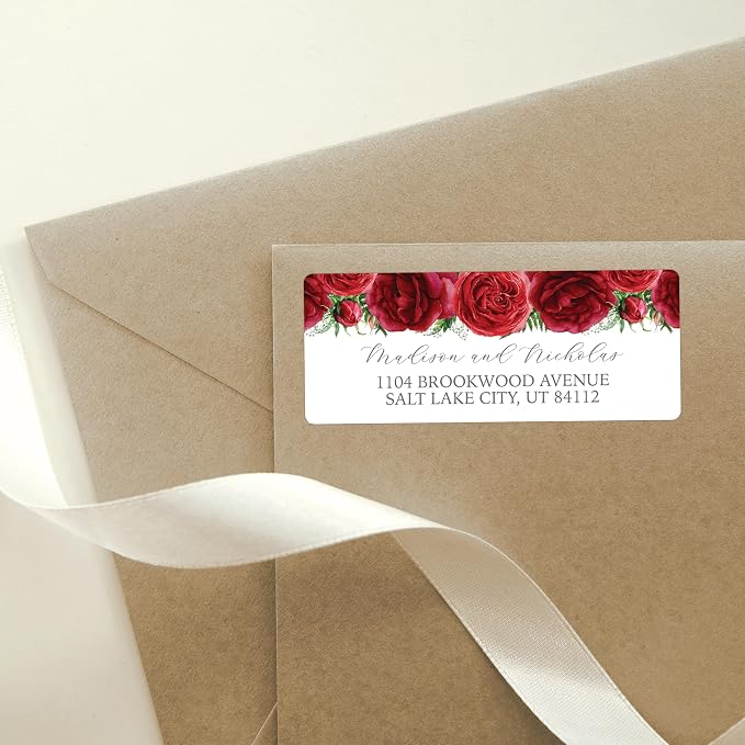 Return Address Labels Personalized with Your Choice of 30 Flower Styles - Choose Font and Font Color or Add Custom Text - Perfect for Wedding Envelopes (018 Red Roses)