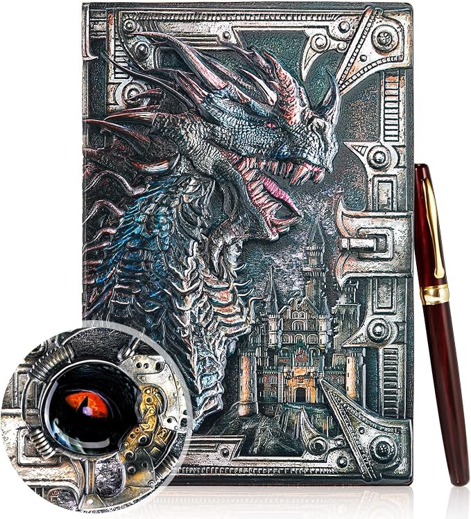 Pajean Dragon Journal Embossed Leather Journal Writing Antique Dragon Journal Notebook with Pen Lined Paper Hardcover Gift Journal Notebook Executive Notebook Travel Diary for Women Men, A5(Colorful)