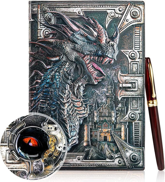 Pajean Dragon Journal Embossed Leather Journal Writing Antique Dragon Journal Notebook with Pen Lined Paper Hardcover Gift Journal Notebook Executive Notebook Travel Diary for Women Men, A5(Colorful)