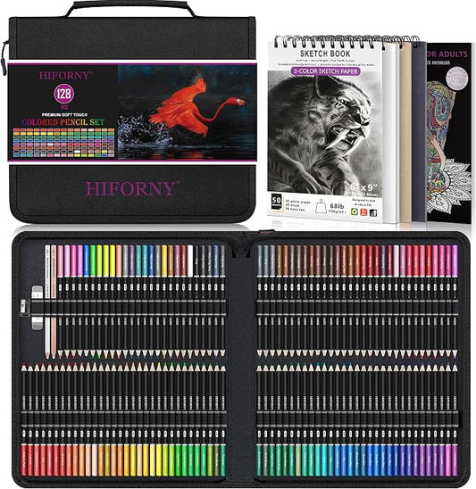 HIFORNY 128 PCS Colored Pencils Set for Adults – 120 Soft Core Coloring Pencils with Sketchbook, Coloring Book, Blender, Burnisher, Eraser, Sharpener & Color Chart – in Durable Zipper Case