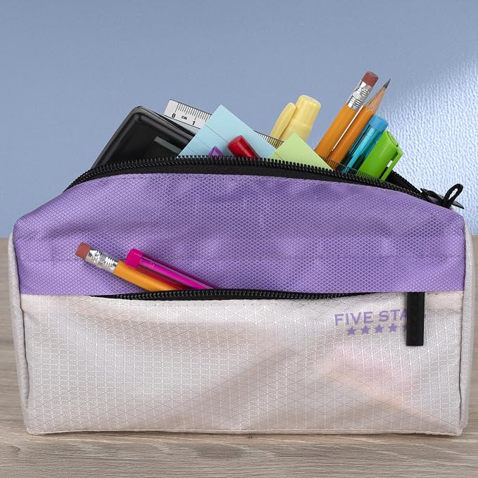 Five Star Pencil Pouch 9-Pocket Zipper Storage Organizer Case for Office Supplies Earbuds Chargers Cables Makeup, Tan/Purple (505600E)