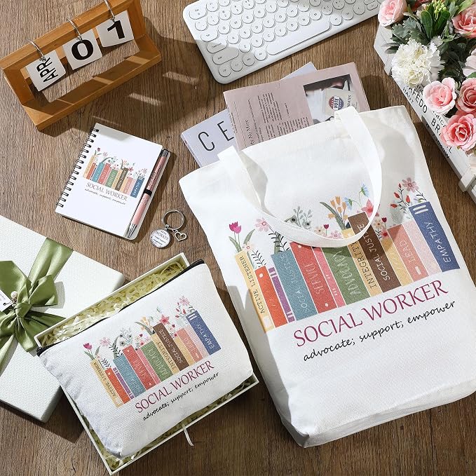 Watersay 5 Pcs Social Worker Appreciation Gifts, Cosmetic Bag, Canvas Bag, Coil Notebook, Ballpoint Pen and Keychain for Women Office School Graduation Advocate Coworker Christmas Anniversaries Gift