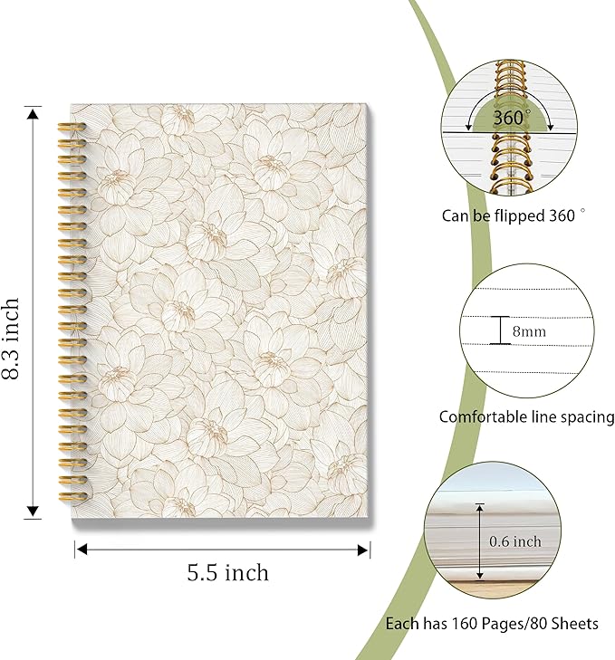 Lotus Floral Spiral Notebook, Vintage Beige Lotus Flower Journal, Neutral Botanical Aesthetic Journal Notebook, Prayer Office Diary Wedding Gifts, Gifts for Girl Mom Lady Woman, 5.5x8.3 Inch