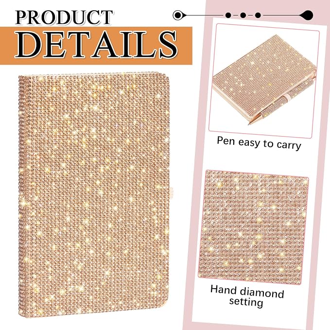 Rhinestone Pen & Glitter Notebook Set, Hard Cover Bling Diary Journal for Girls, Cute School Supplies for Back to School, Sparkly Desk Accessories Gift for Women(Rhinestone,A6,Rose Gold)