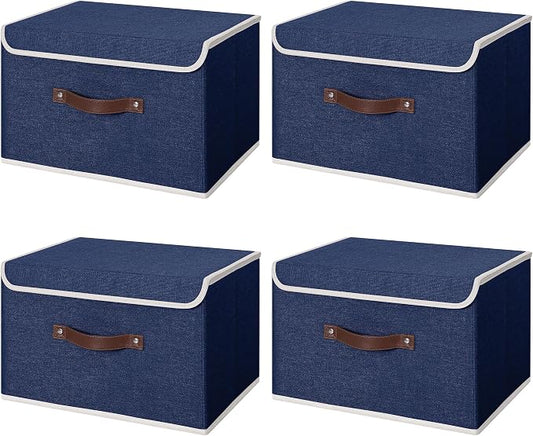 ANMINY 4PCS Storage Bin with Lid Storage Boxes with PU Leather Handles PP Plastic Board Decorative Foldable Lidded Cotton Linen Fabric Home Cubes Baskets Closet Organizer Container - Blue, Medium