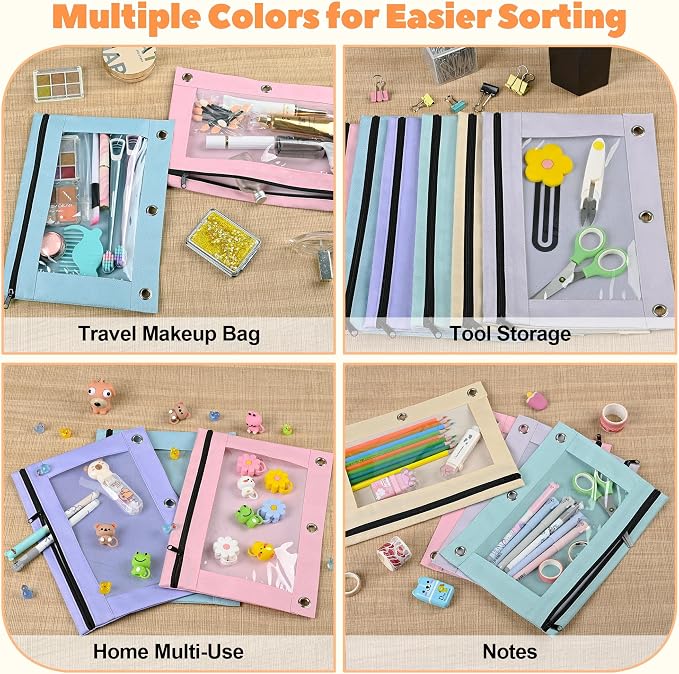 Lanpn Pencil Pouch for 3 Ring Binder 72 Pack, Pastel Binder Pen Bags Bulk with Zipper, Aesthetic 3 Holes Pencil Holder Organizer for Boy Girl Kids School Student, Reinforced Grommets & Clear Window