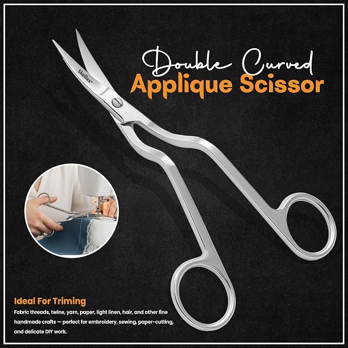 Applique Scissors 6 Inch - Premium Quality Stainless Steel With Precision Blades - Double Bent Curved Scissors for Embroidery, Fabric, Thread, Knitting, Sewing, Arts & Craft