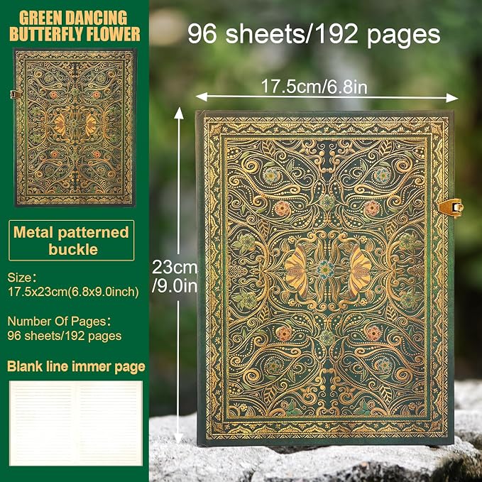 Retro 3D Hot Stamping Green Butterfly Flower Cover Notebook,Contains 96 Sheets/192 Blank Lines Lined Journal,With Envelope Pocket Journal,Suitable As A Notebook,Travel Diary,Wedding Anniversary.