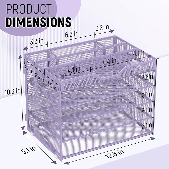 Docnest 5 Tier Mesh Desk Organizer with Removable Tray&Pen Holder, Purple | Features 3 detachable pen holders and 4 removable dividers.Versatile mesh desktop storage for mail, document,office supplie