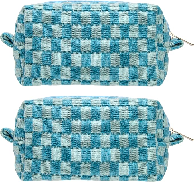 Checkered Makeup Bag for Purse, Small Cosmetic Pouch,Lake Blue,2 Pack | Cute Zipper Makeup Organizer for Women, Travel Essentials, Toiletries, Makeup Brushes, Beauty Accessories&Bridesmaid Gifts