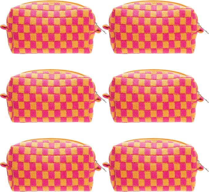 Checkered Makeup Bag for Purse, Small Cosmetic Pouch,Red Orange,6 Pack | Cute Zipper Makeup Organizer for Women, Travel Essentials, Toiletries, Makeup Brushes, Beauty Accessories&Bridesmaid Gifts