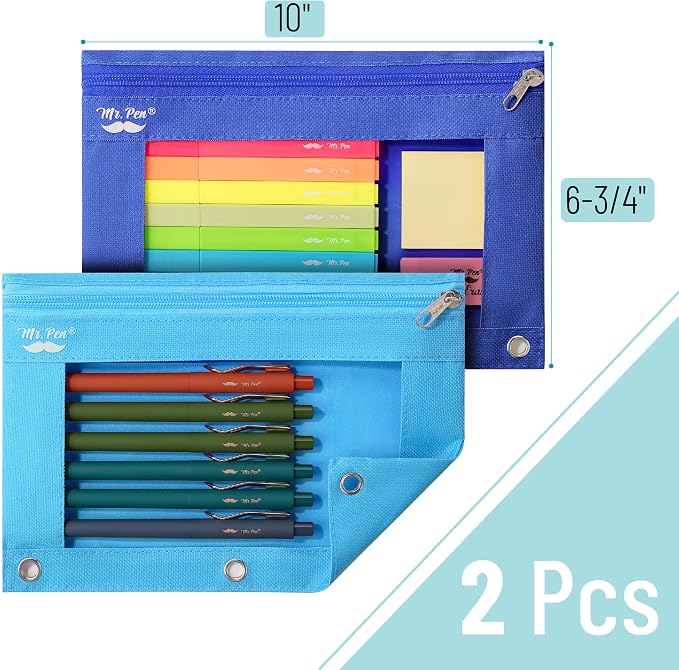 Mr. Pen- Pencil Pouch for 3 Ring Binder, 2 Pack, 10"x6.75", Smooth Zipper | Clear Window, Large Capacity Pencil Case with 3 Reinforced Grommets for School, Office, Supplies Storage