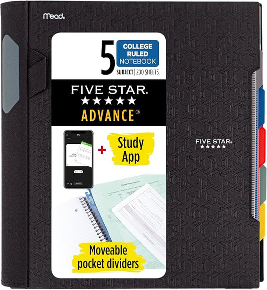 Five Star Advance Spiral Notebook + Study App, 5 Subject, College Ruled Paper, 8-1/2" x 11", 200 Sheets, Spiral Guard, Movable Tabbed Dividers, Black (73144) (Pack of 6)