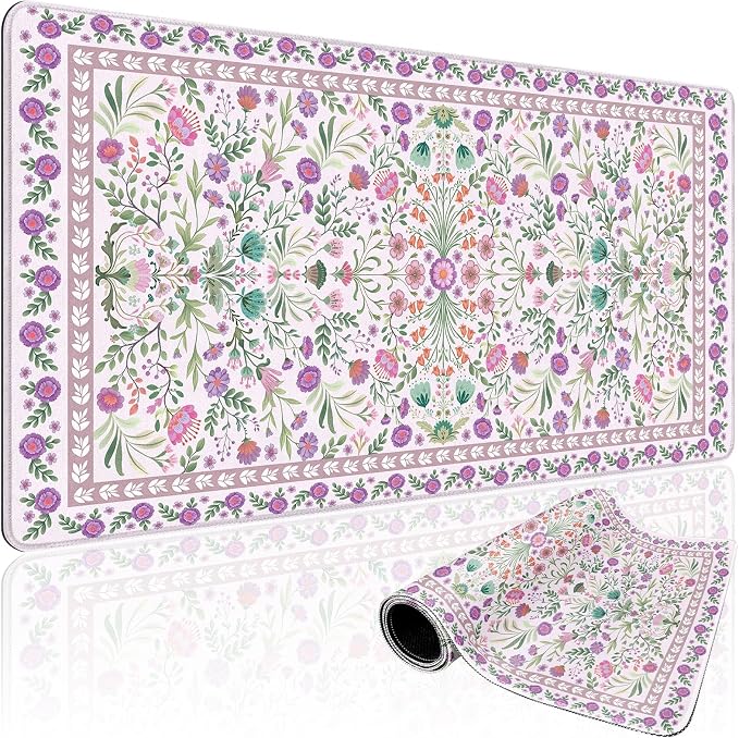 Purple Floral Desk Mat, 31.5"x15.7" Large Mouse Pad, Anti-Slip Rubber Base Keyboard Pad with Stitched Edges, Water-Resistant Smooth Desk Blotter, Computer Mat for Home Office Desk