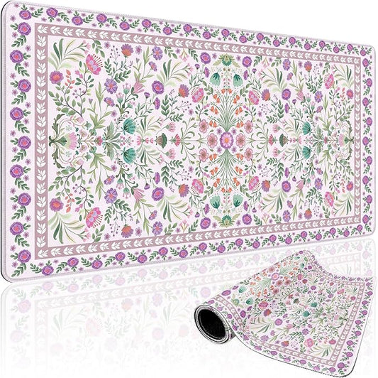 Purple Floral Desk Mat, 31.5"x15.7" Large Mouse Pad, Anti-Slip Rubber Base Keyboard Pad with Stitched Edges, Water-Resistant Smooth Desk Blotter, Computer Mat for Home Office Desk