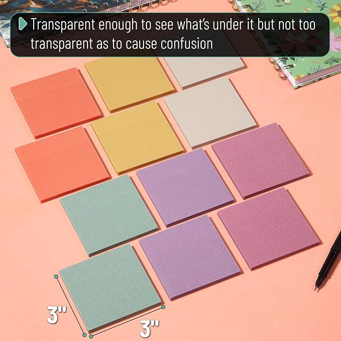 Mr. Pen- Transparent Glitter Sticky Notes, 3”x3”, 12 Pads, 600 Sheets | Colorful, Plastic Glitter Sticky Notes Bulk, Self-Stick Note Pads for Women, Office, School, Home, Study & Organization