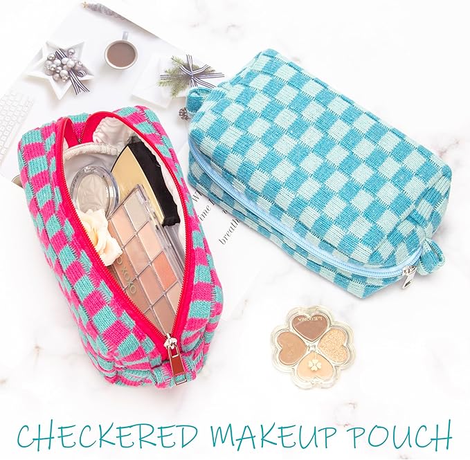 Checkered Makeup Bag for Purse, Small Cosmetic Pouch,Magenta Green,6 Pack | Cute Zipper Makeup Organizer for Women, Travel Essentials, Toiletries, Makeup Brushes, Beauty Accessories&Bridesmaid Gifts