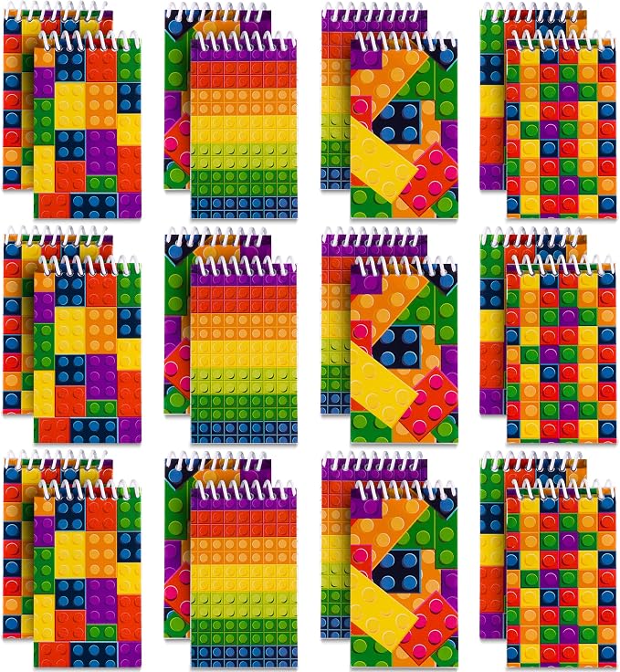 Bedwina Mini Building Block Notebooks (Bulk of 32) Spiral Notepads In Assorted Brick Styles, Mini Notebook for Kids Pocket Size for Birthday Party Favors, Classrooms or Goodie Bag Stuffers