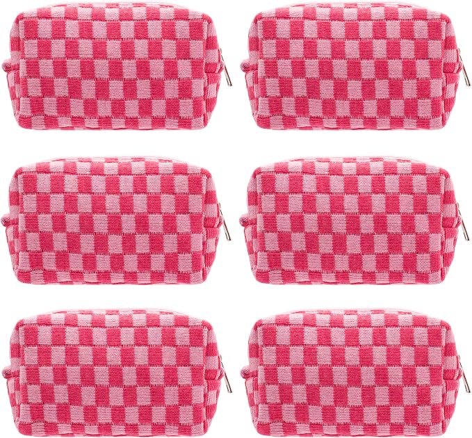 Checkered Makeup Bag for Purse, Small Travel Cosmetic Pouch,Hotpink,6 Pack | Cute Zipper Makeup Organizer for Women, Travel Essentials, Toiletries, Makeup Brushes, Beauty Accessories&Bridesmaid Gifts