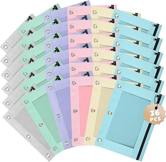 Lanpn Pencil Pouch for 3 Ring Binder 36 Pack, Pastel Binder Pen Bags Bulk with Zipper, Aesthetic 3 Holes Pencil Pouches Organizer for Boy Girl Kids School Student, Reinforced Grommets & Clear Window
