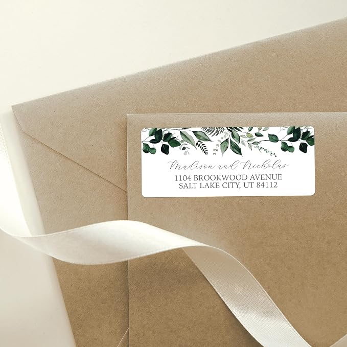 Return Address Labels Personalized with Your Choice of 30 Flower Styles - Choose Font and Font Color or Add Custom Text - Perfect for Wedding Envelopes (002 Green Leaves)