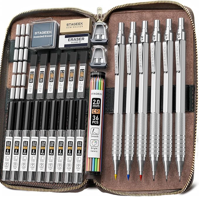 30PCS Silver Metal Mechanical Pencil Set in Leather Case, 0.5/0.7/0.9/2.0mm Art Drafting Pencils with 16 Tubes Graphite Leads (6B 4B 2B HB 2H 4H) & Colored Refills for Sketching, Drawing, Writing