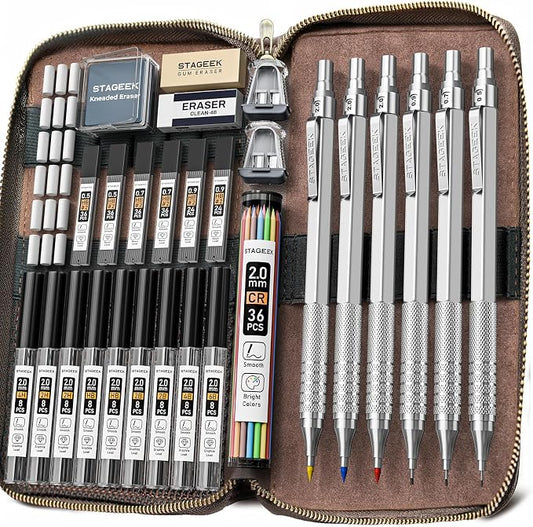 30PCS Silver Metal Mechanical Pencil Set in Leather Case, 0.5/0.7/0.9/2.0mm Art Drafting Pencils with 16 Tubes Graphite Leads (6B 4B 2B HB 2H 4H) & Colored Refills for Sketching, Drawing, Writing