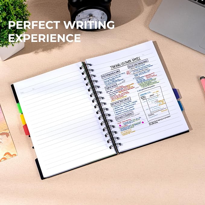 CAGIE 5 Subject Notebook, Small Spiral Notebook with Tabs | 6.1'' x 8.2'', A5 Spiral Notebooks College Ruled for Women, 240 Pages Note book for School Note Taking, Black