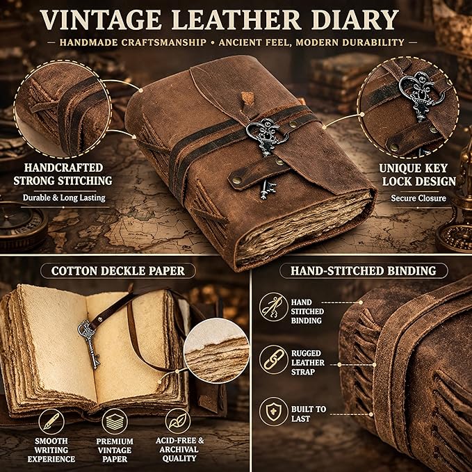 cuero Vintage Leather Journal - Handmade Refillable Leather Bound Notebook with Deckle Edge Paper, Antique Travel Diary, Writing Journal for Men & Women - Vintage Notebook Binder (8 by 6 inch)